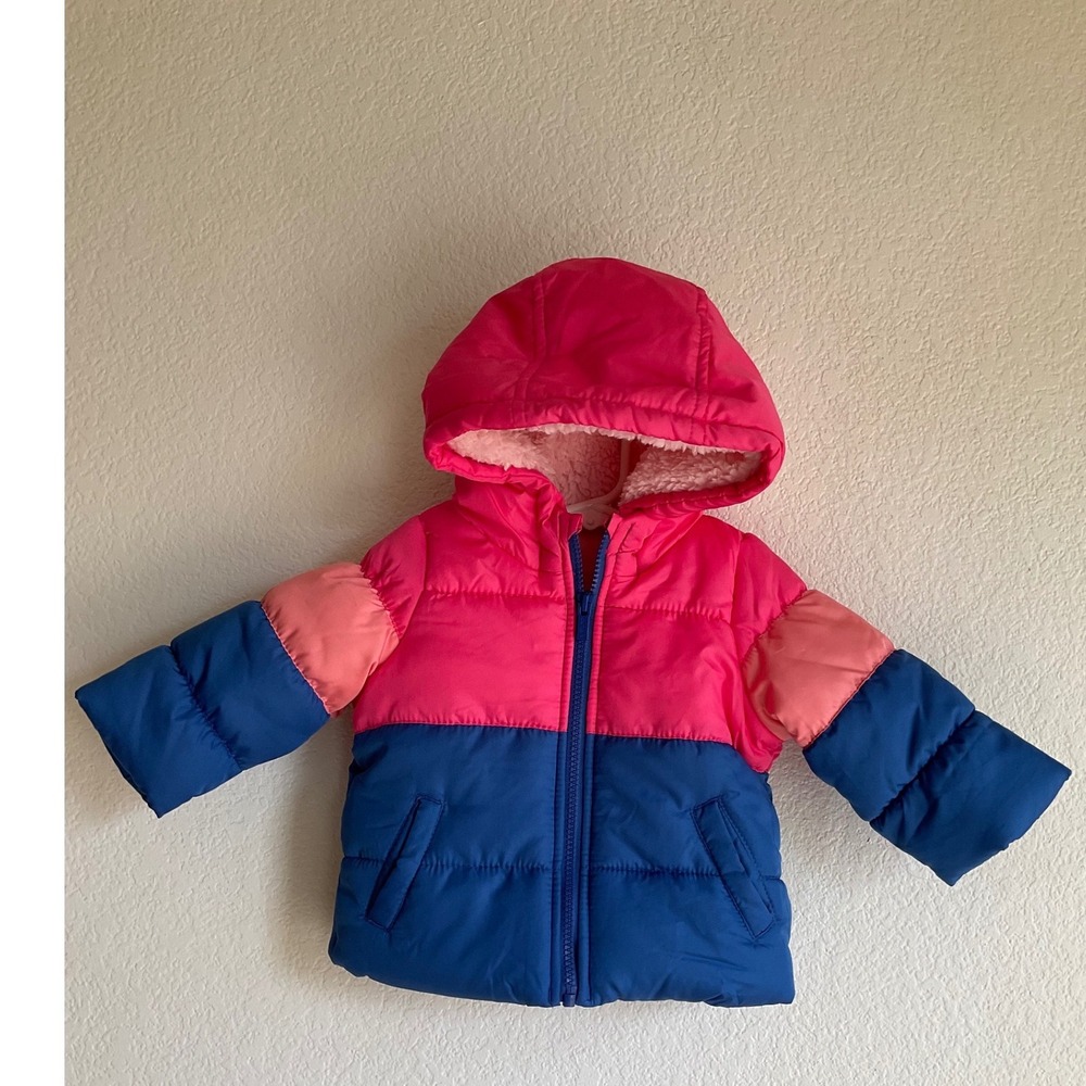 Carters Baby Girls 12M Colorblock Puffer Jacket Pink Blue Sherpa Hooded Coat